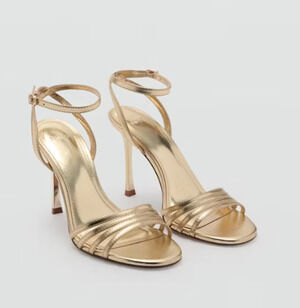 NWT MANGO MNG GOLD COMBINED STRAP SANDALS HIGH HEELS PUMPS SHOES SZ 37 US 6.5